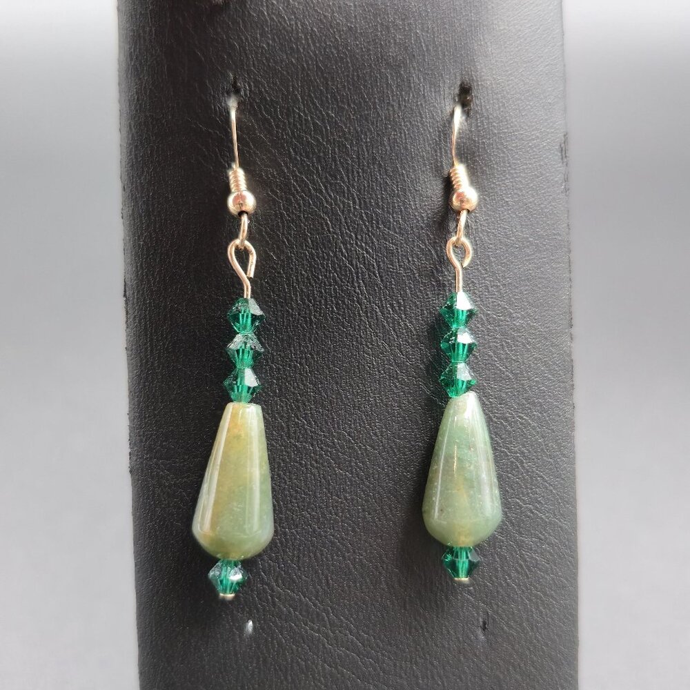 Gold Plated Green Jasper And Crystal Earrings A6476
